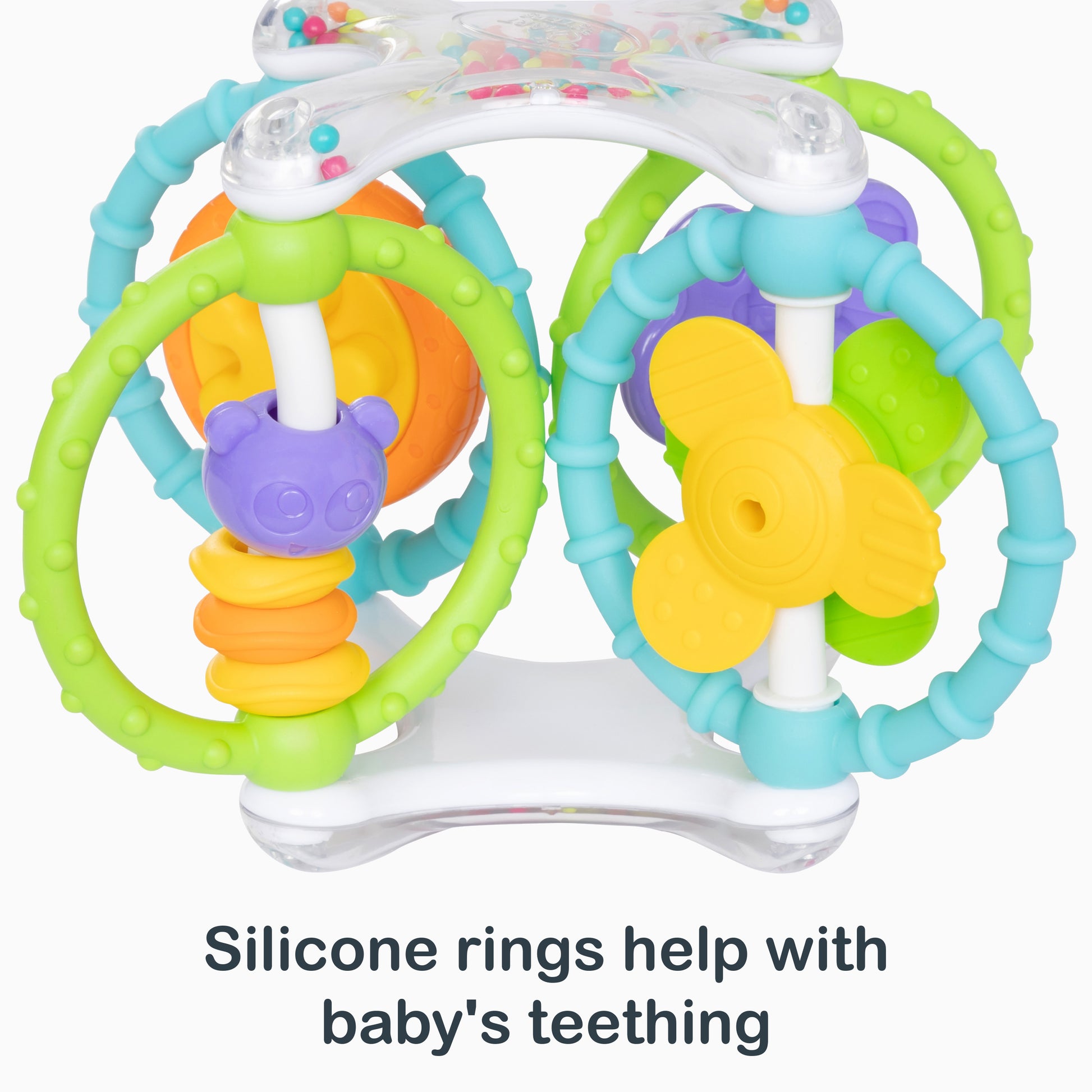 Silicone rings help with baby's teething from the Smart Steps Grab N' Spin Rattle and Teether