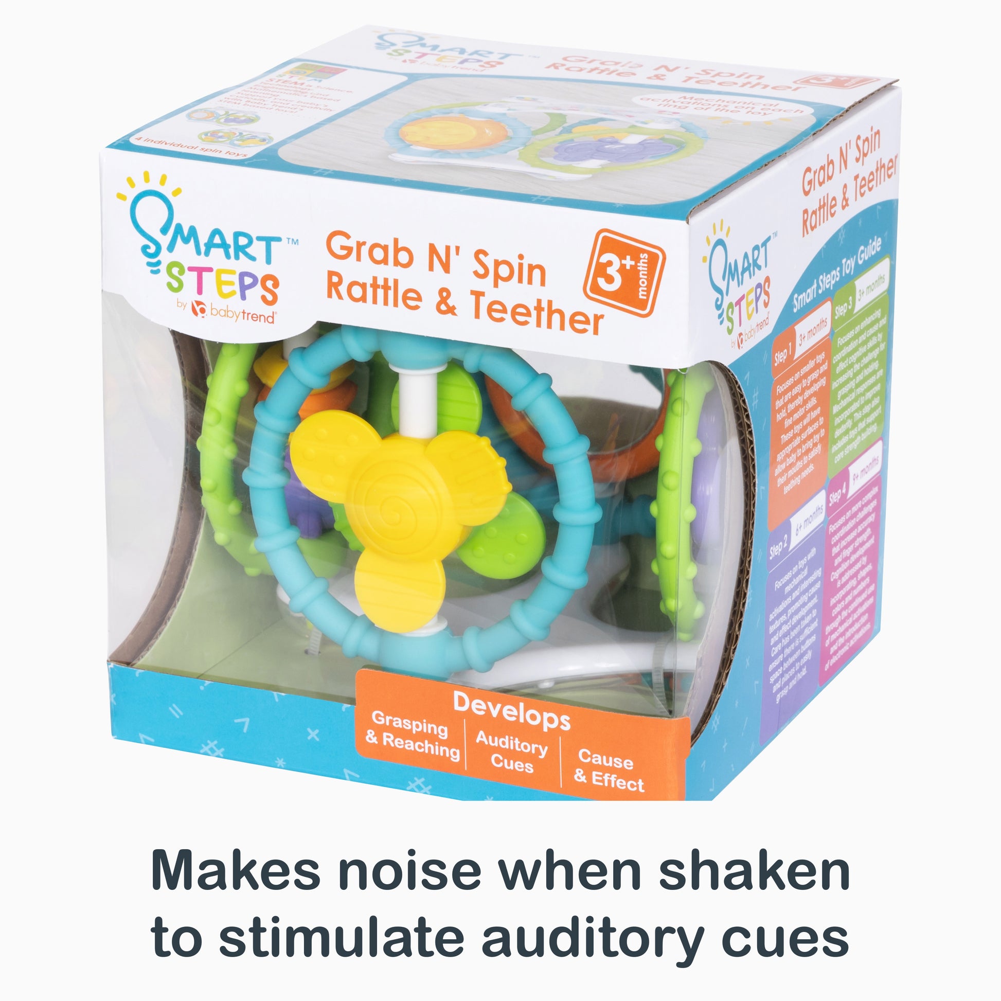 Makes noise when shaken to stimulate auditory cues from the Smart Steps Grab N' Spin Rattle and Teether