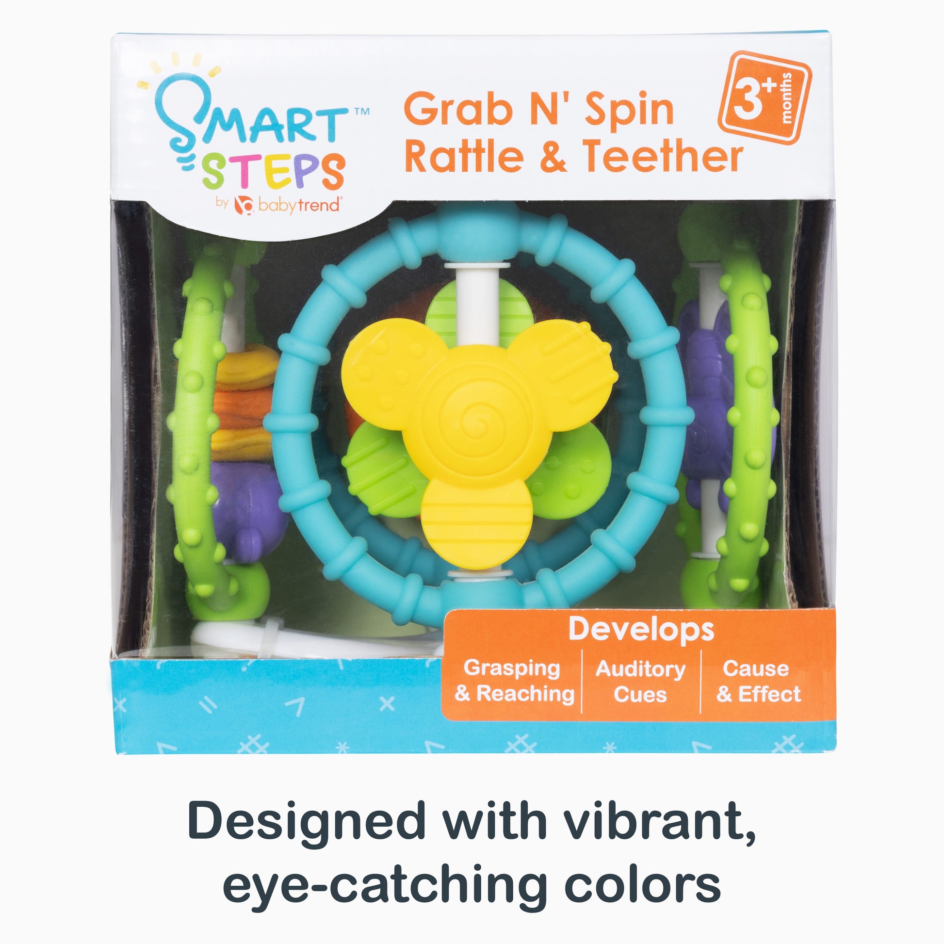 Designed with vibrant, eye-catching colors from the Smart Steps Grab N' Spin Rattle and Teether