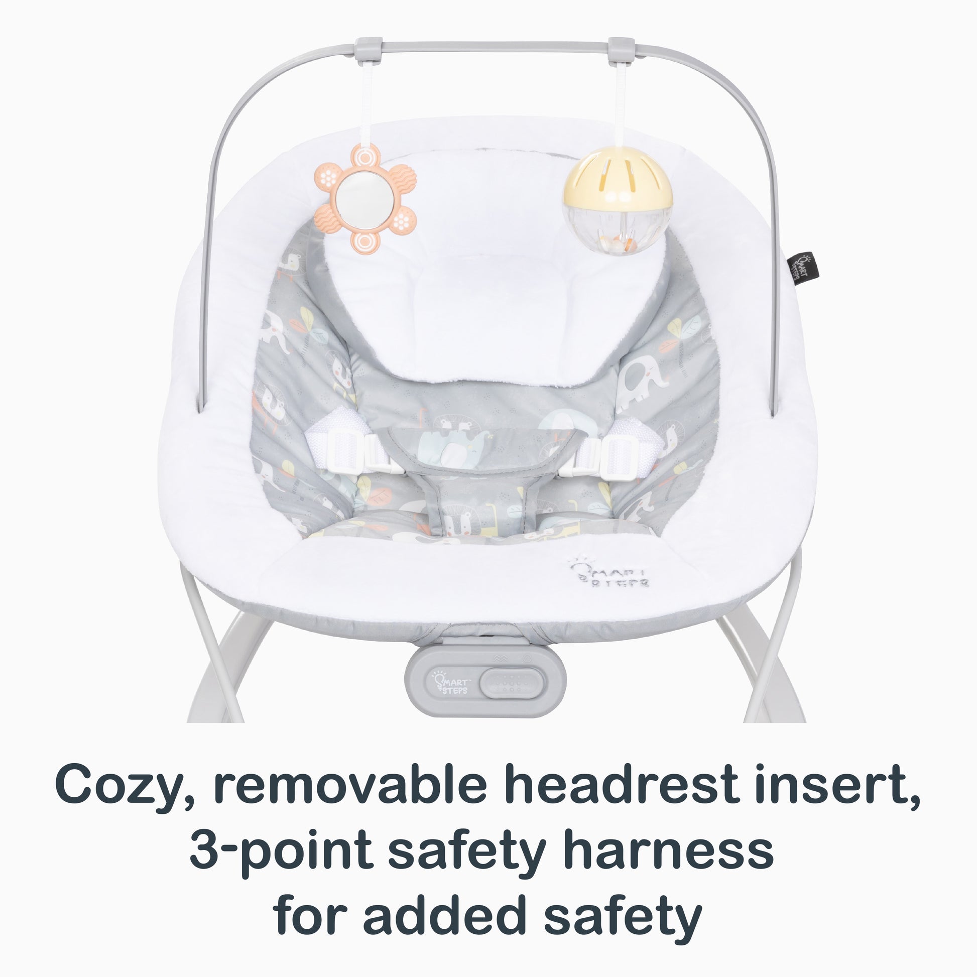 Cozy, removable headrest insert and 3-point safety harness on the Smart Steps My First Rocker 2 Bouncer