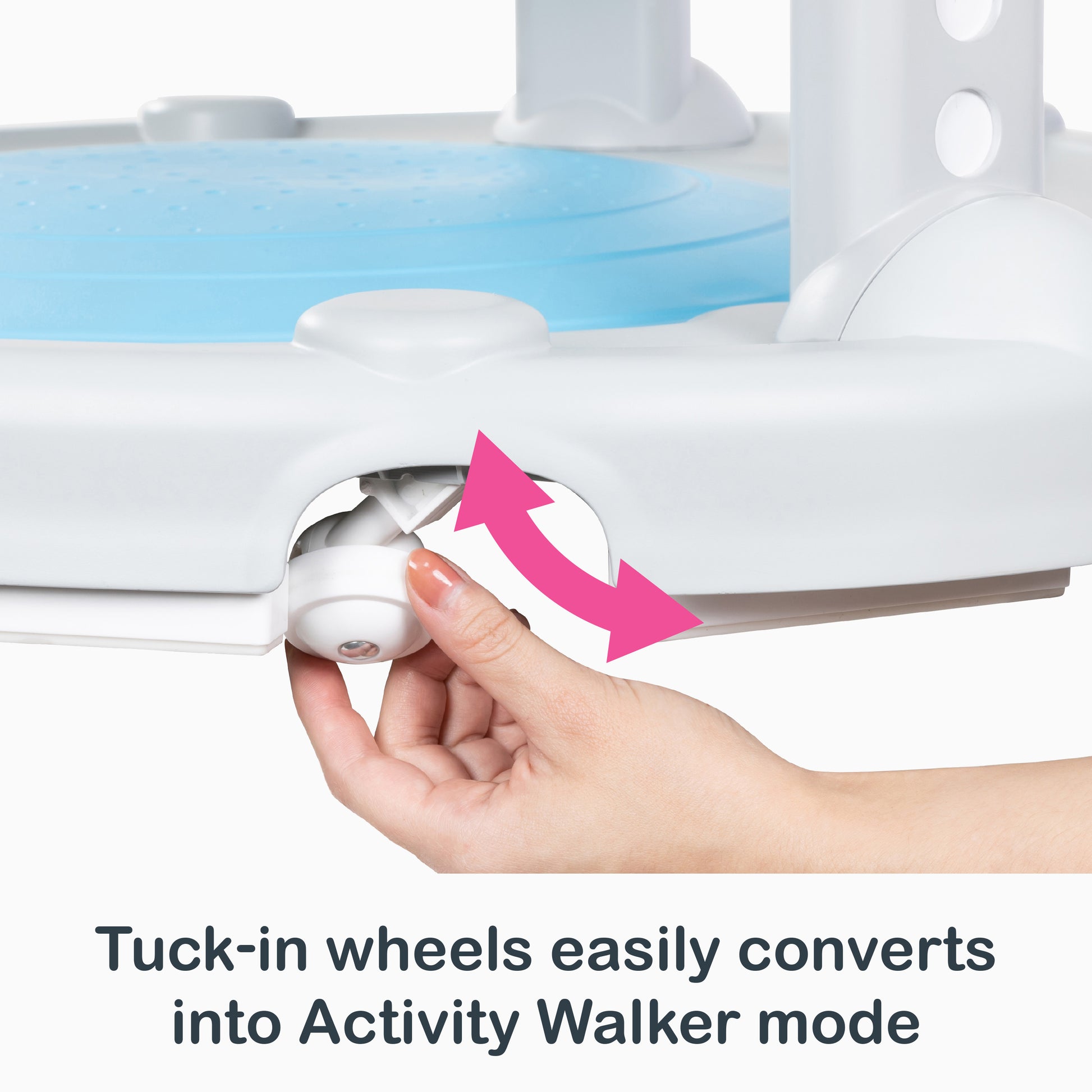 Tuck-in wheels easily converts into Activity Walker mode of the Smart Steps Bounce N' Glide 3-in-1 Activity Center Walker