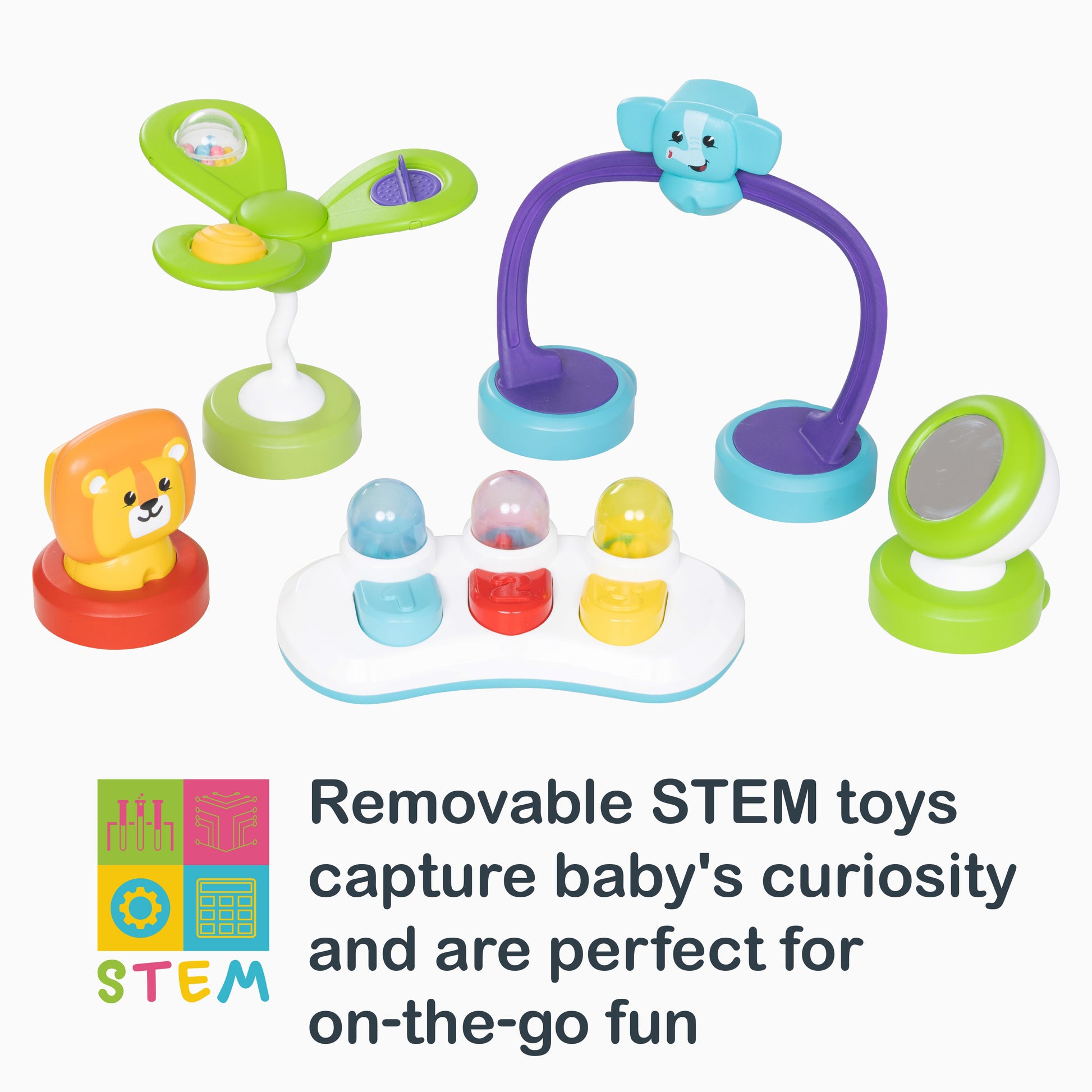 Removable STEM toys capture baby's curiosity and are perfect for on-the-go fun of the Smart Steps Bounce N' Glide 3-in-1 Activity Center Walker