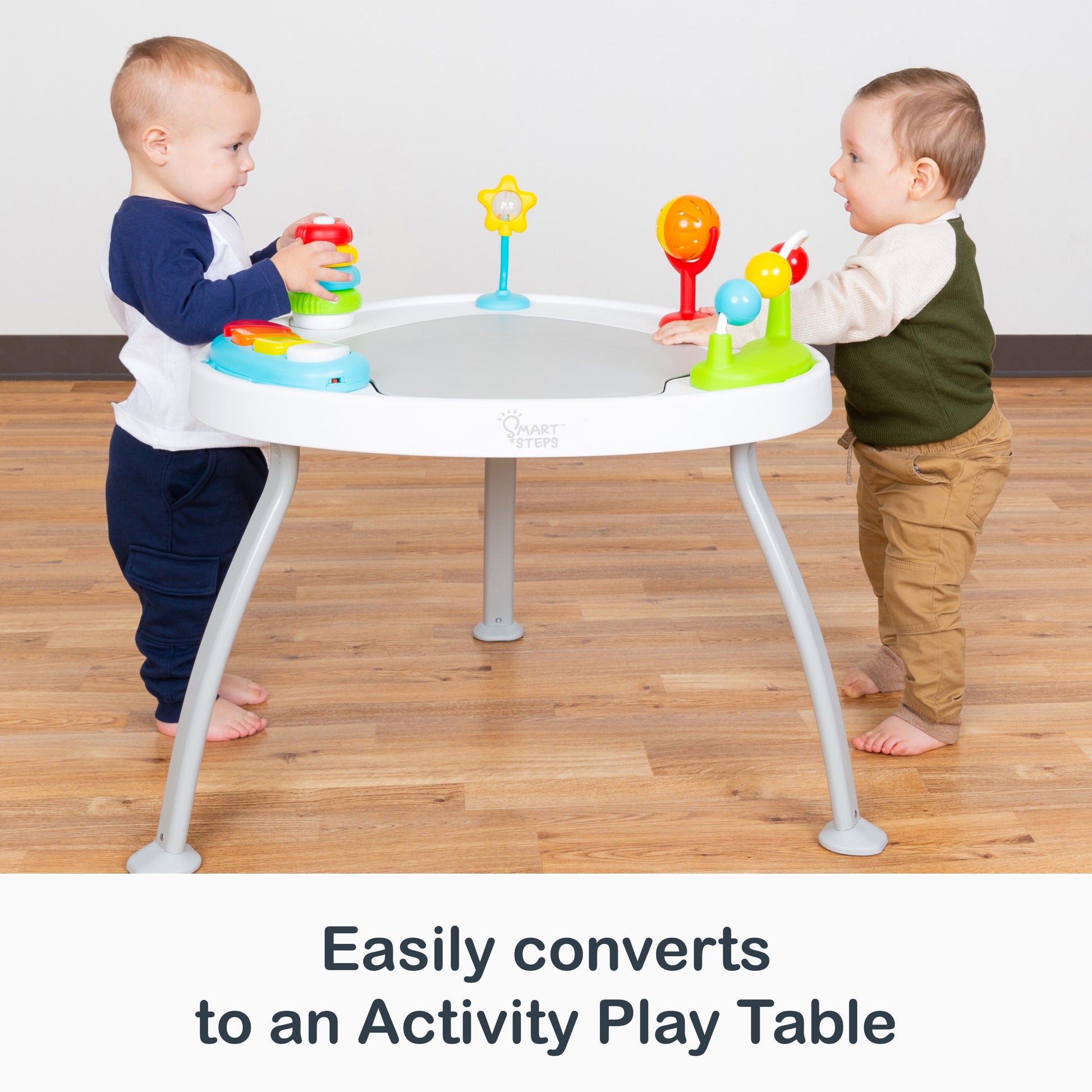 Smart Steps by Baby Trend Bounce N’ Play 3-in-1 Activity Center easily converts to an activity play table
