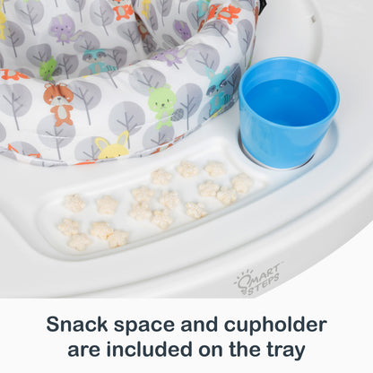 Snack space and cup holder are included on the tray of the Smart Steps by Baby Trend Bounce N’ Play 3-in-1 Activity Center