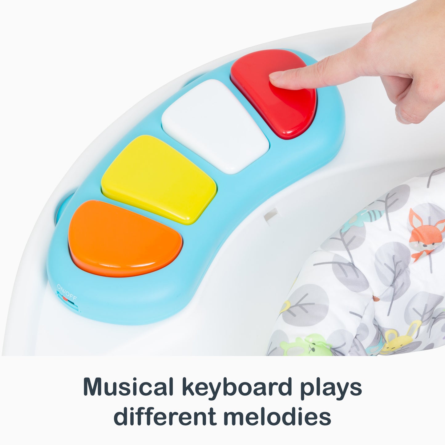 Musical keyboard plays different melodies on the Smart Steps by Baby Trend Bounce N’ Play 3-in-1 Activity Center