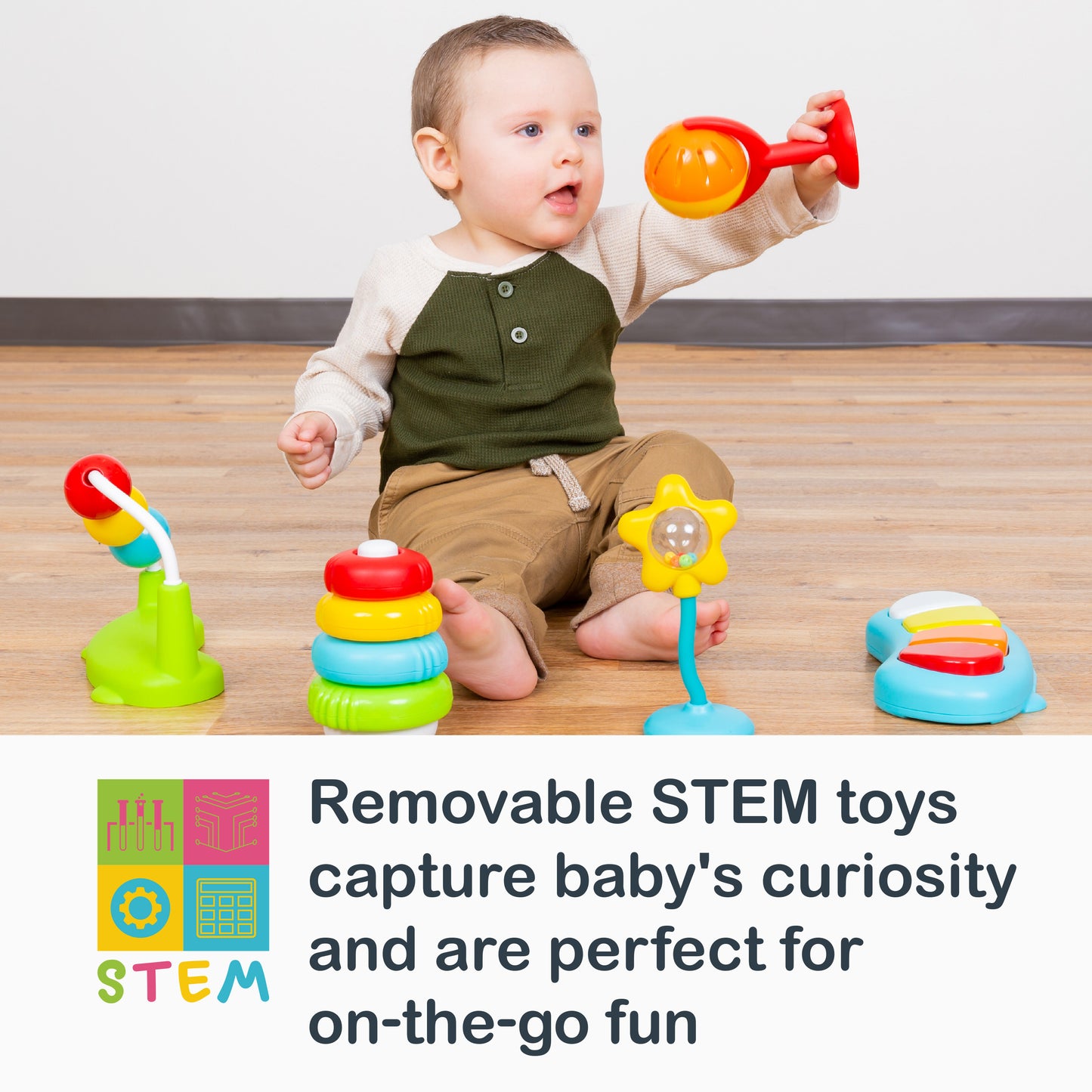 Removable STEM toys capture baby's curiosity and are perfect for on the go fun