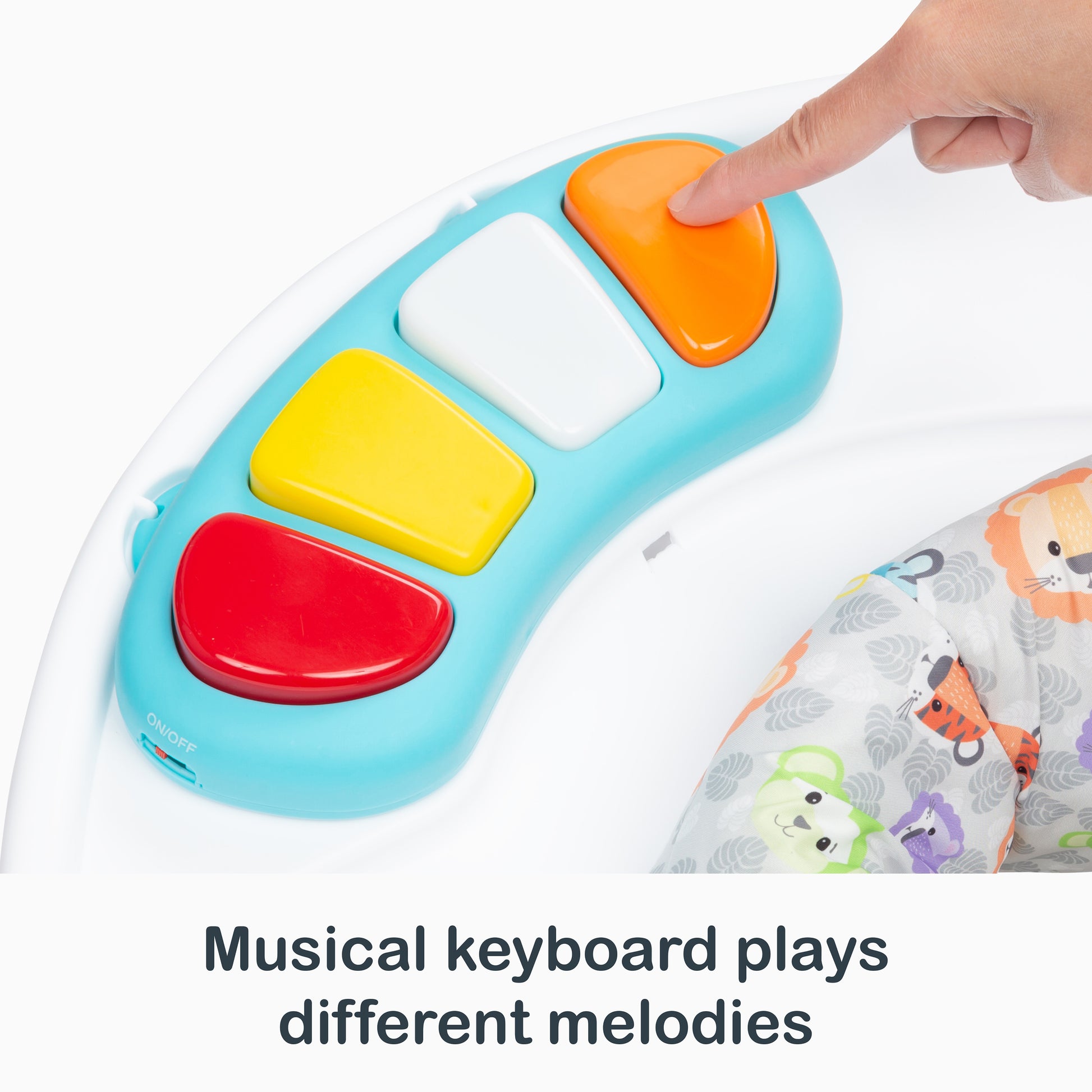 Musical keyboard plays different melodies on the Smart Steps Bounce N’ Play 3-in-1 Activity Center