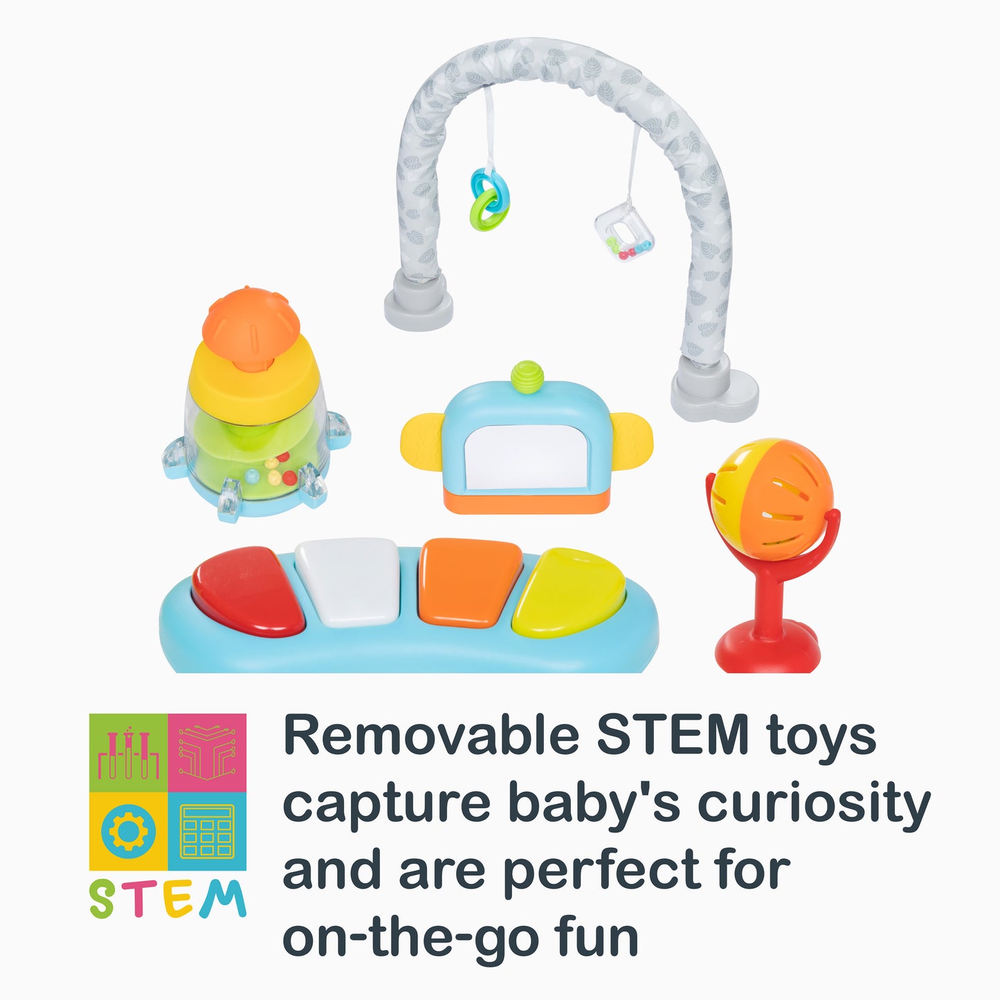 Removable STEM toys capture baby's curiosity and are perfect for on the go fun
