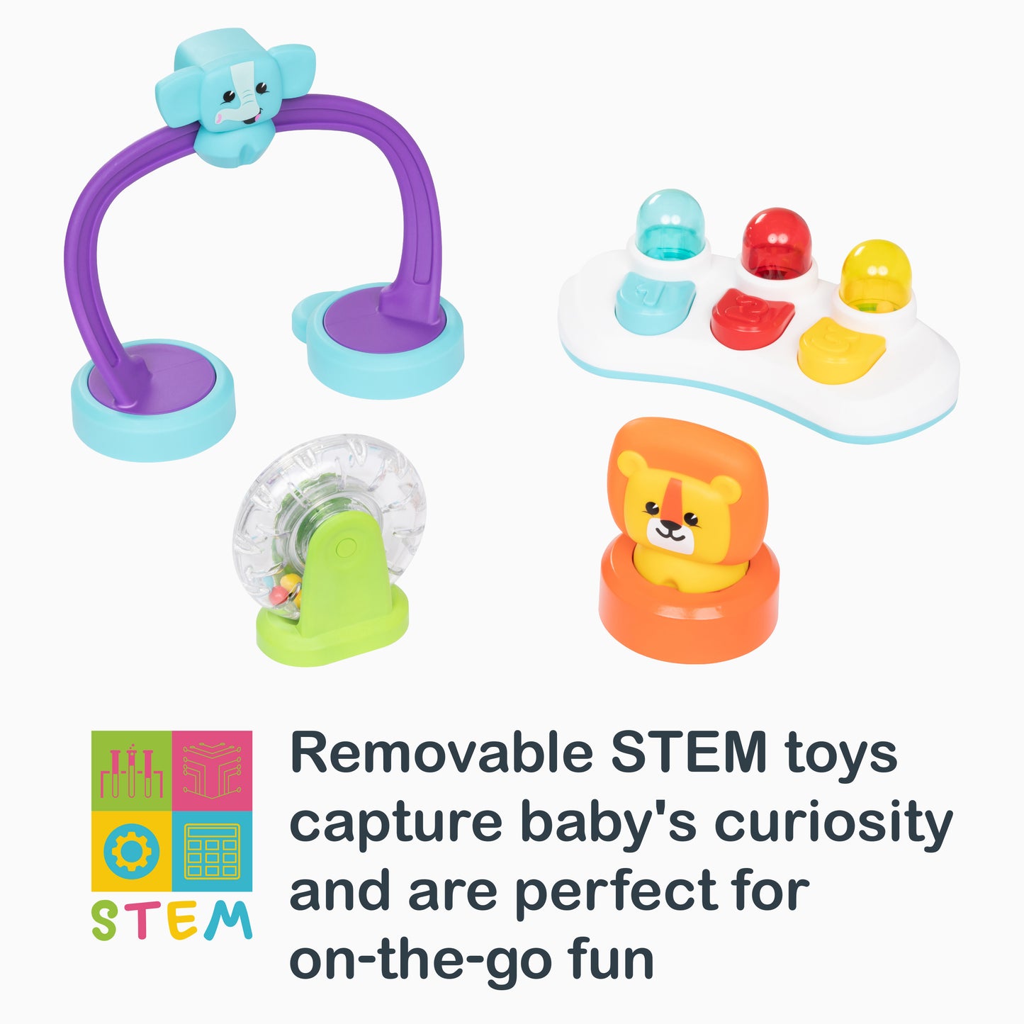 Removable STEM toys capture baby's curiosity and are perfect for on the go fun