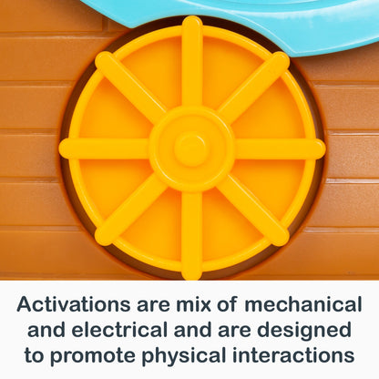 Activations are mix of mechanical and electrical and are designed to promote physical interactions with the Smart Steps Smart Ship STEM toy