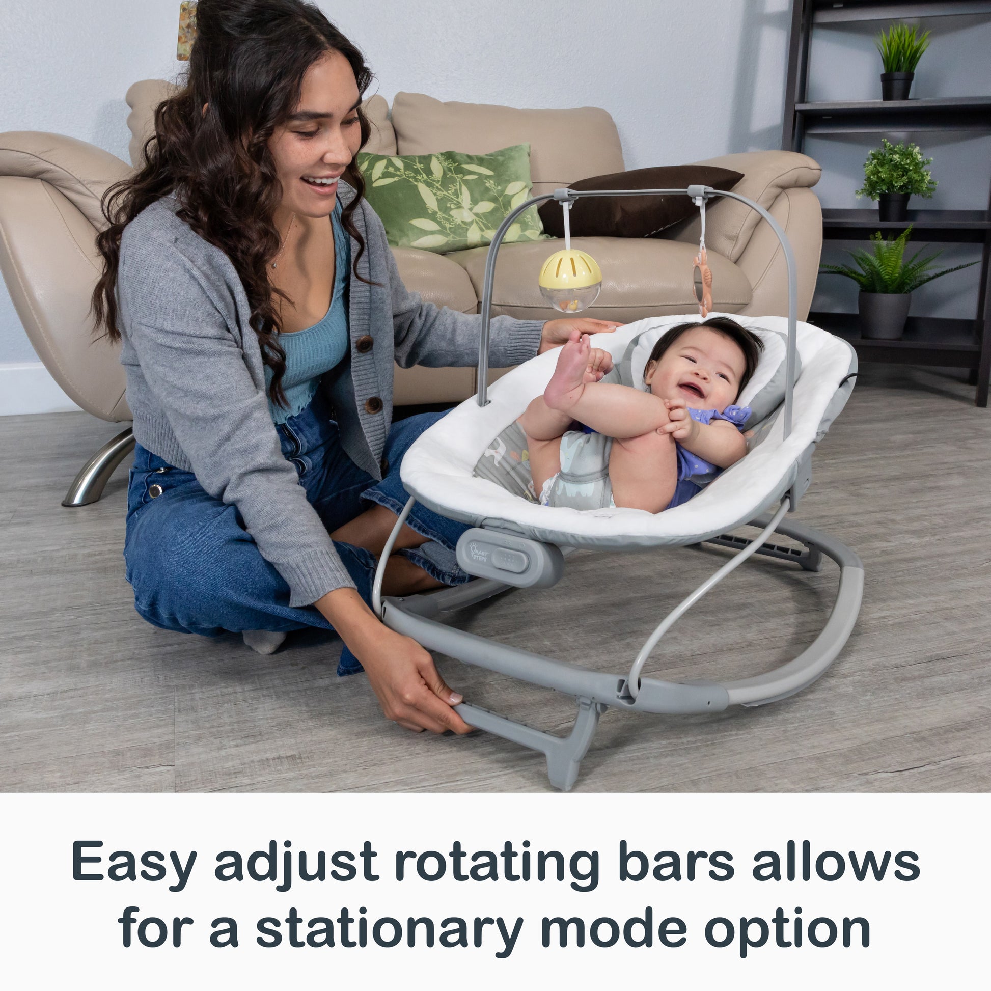 Easy adjust rotating bars allows for a stationary mode option on the Smart Steps My First Rocker 2 Bouncer