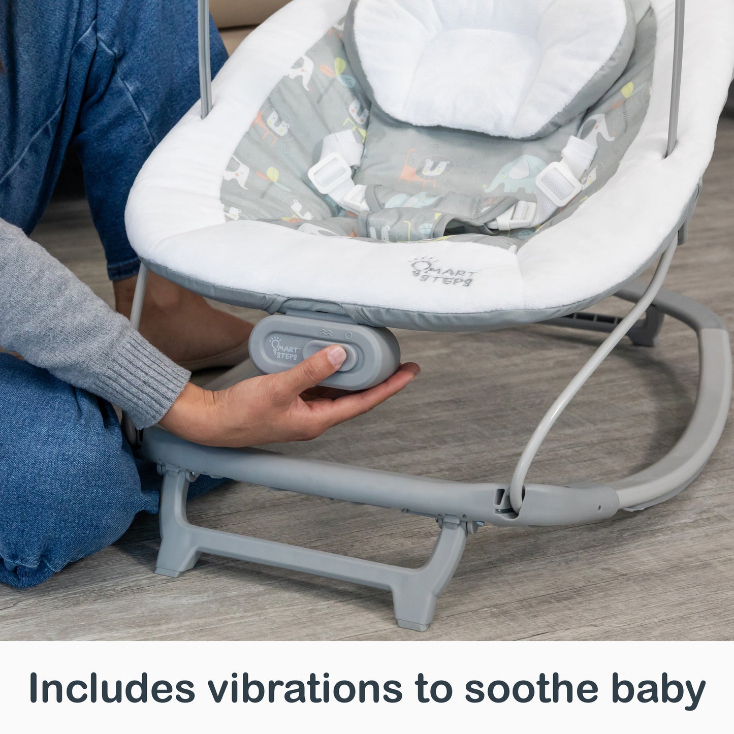 Includes vibrations to soothe baby on the Smart Steps My First Rocker 2 Bouncer