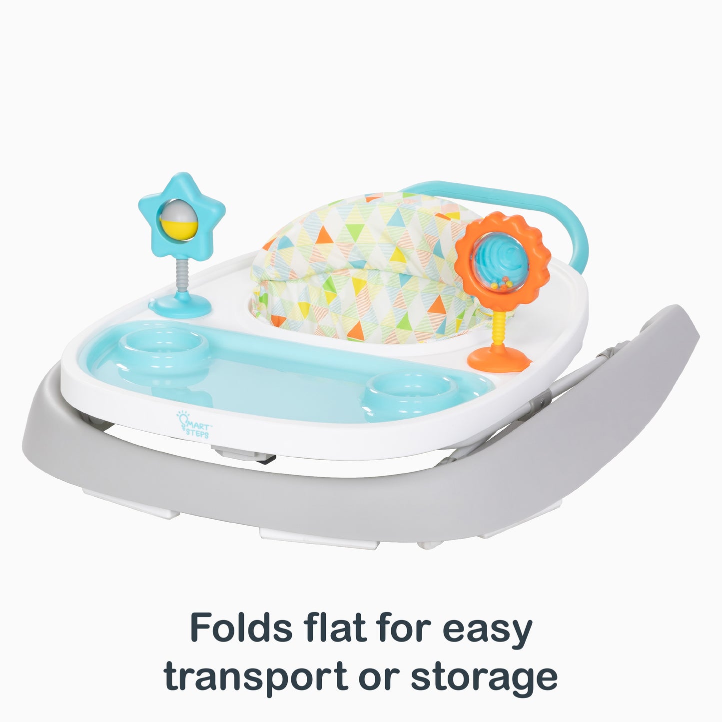 Folds flat for easy transport or storage of the Smart Steps Dine N’ Play 3-in-1 Feeding Walker