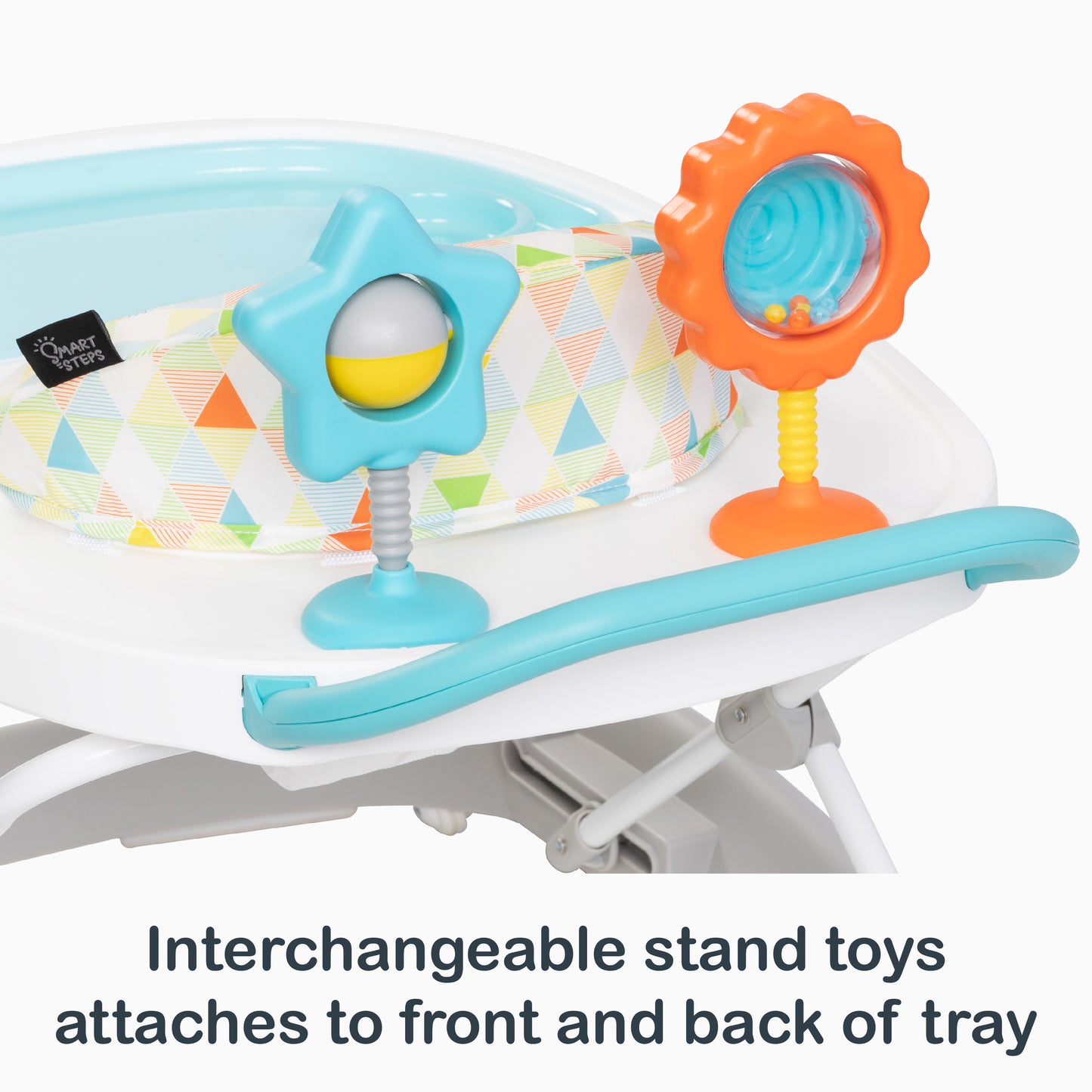 Interchangeable stand toys attaches to front and back of tray of the Smart Steps Dine N’ Play 3-in-1 Feeding Walker