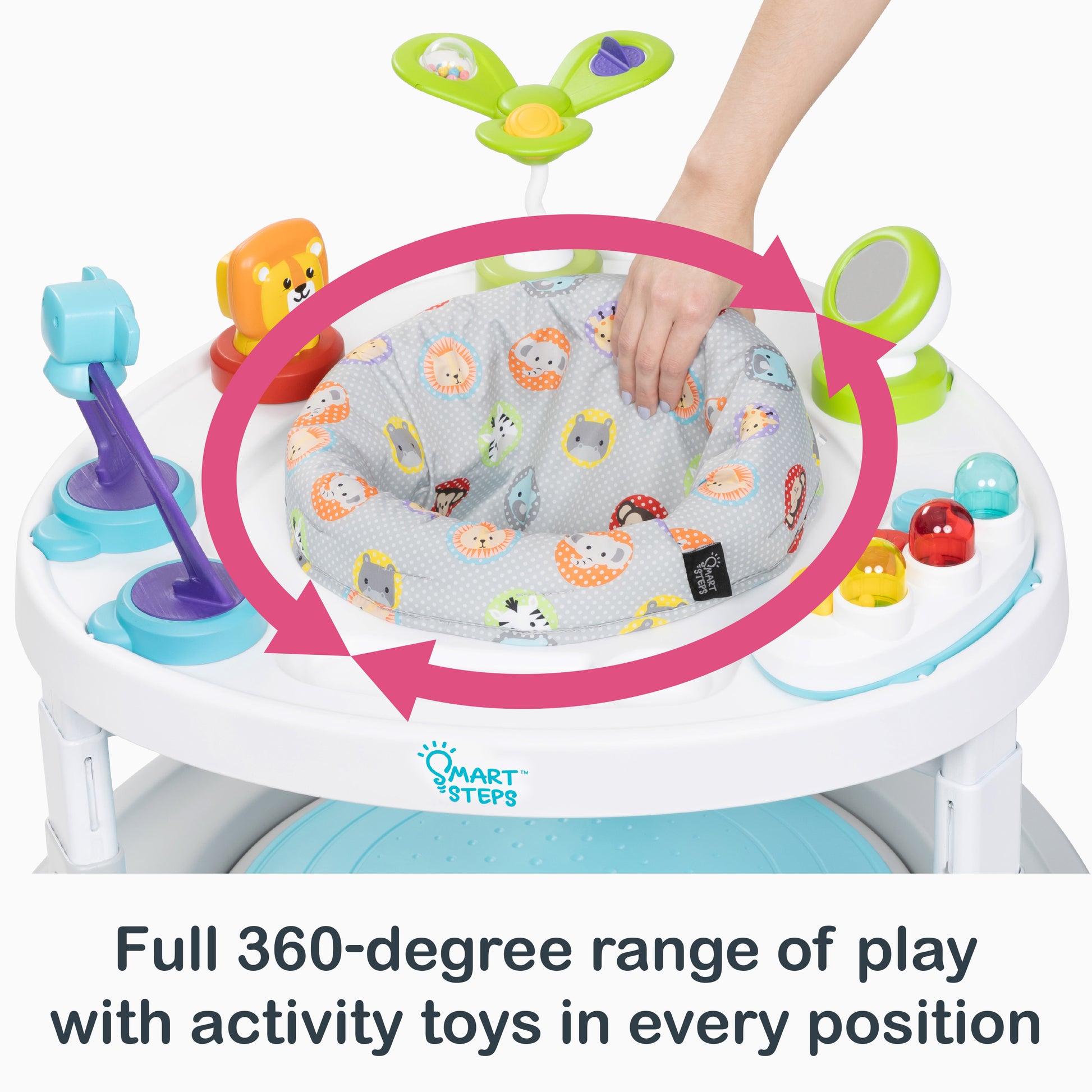 Full 360-degree range of play with activity toys in every position of the Smart Steps Bounce N' Glide 3-in-1 Activity Center Walker