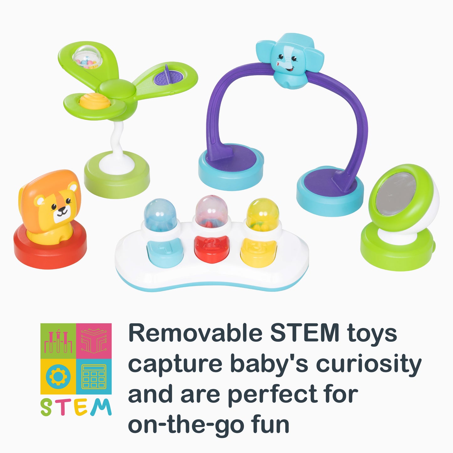 Removable STEM toys capture baby's curiosity and are perfect for on-the-go fun of the Smart Steps Bounce N' Glide 3-in-1 Activity Center Walker
